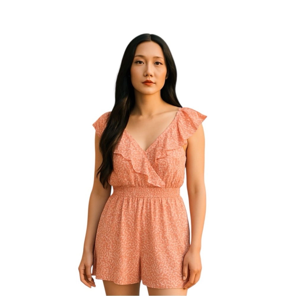 Express Sleeveless Ruffle White/Peach Two Pocket Romper Elastic‎ Waist Size XXS